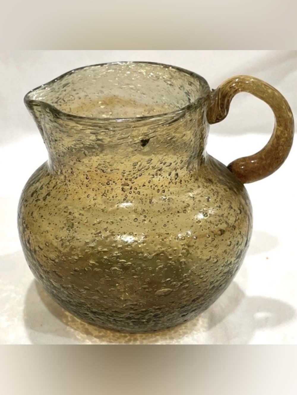 Petite 3.5” Hand Blown Crackle Bubble Glass Art Olive Green Mini Pitcher